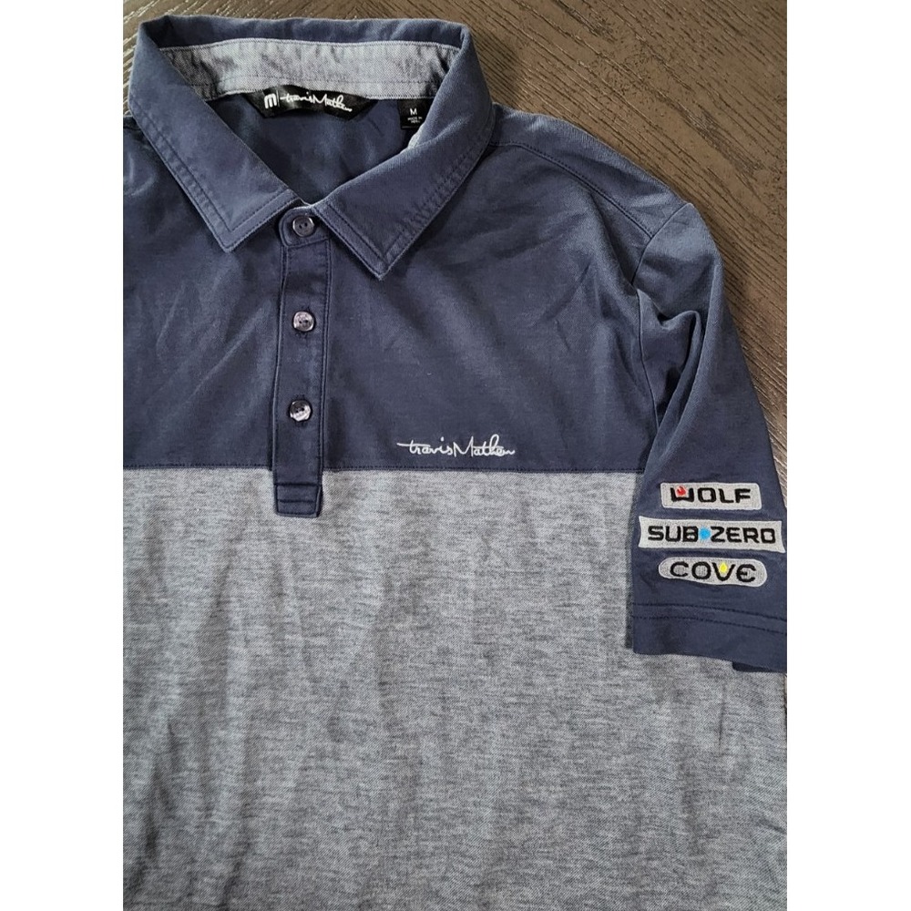 TravisMathew Mens Navy Gray Color Block Golf Polo Shirt Wolf Sub Zero Cove M - Picture 2 of 5